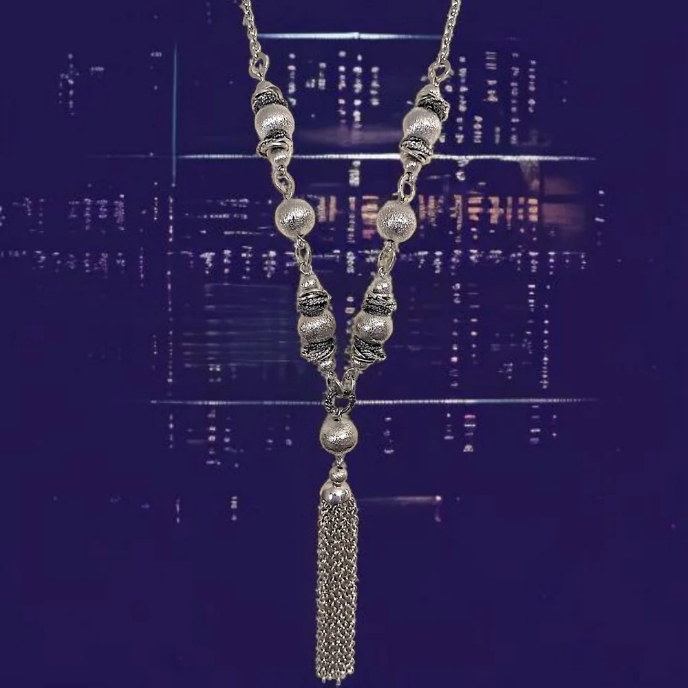 Y Drop Beaded Tassel Chain Necklace Bohemian‎ Western Witchy Silver Tone Gypsy